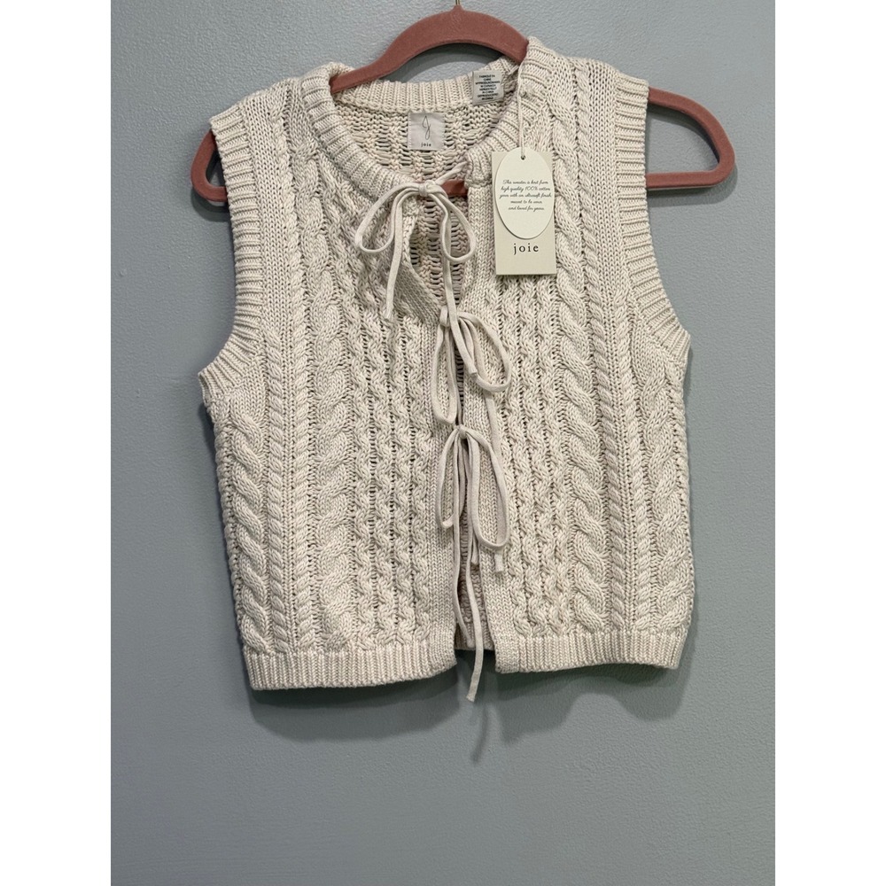 Joie Cream Cable Knit Cotton Sweater Vest Front Tie  XS coastal cottagecore boho